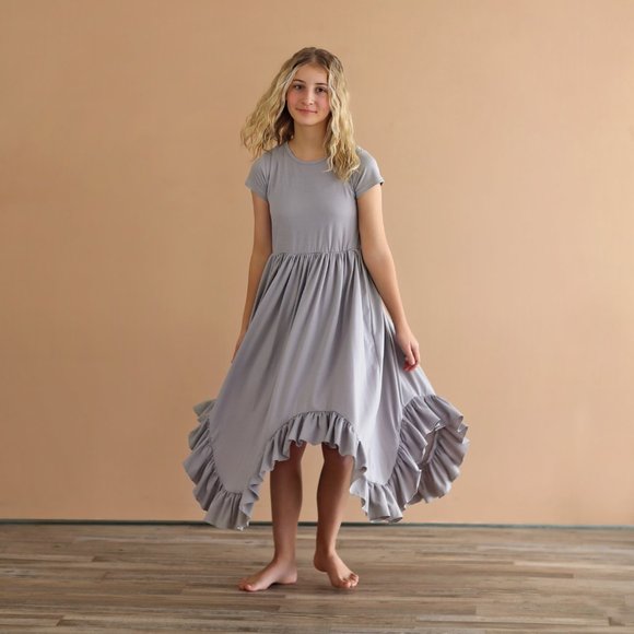 Gray Boho Dress - Long Ruffle Dress - High-low Hem Ruffle Dress - Gray Dress - Picture 2 of 5